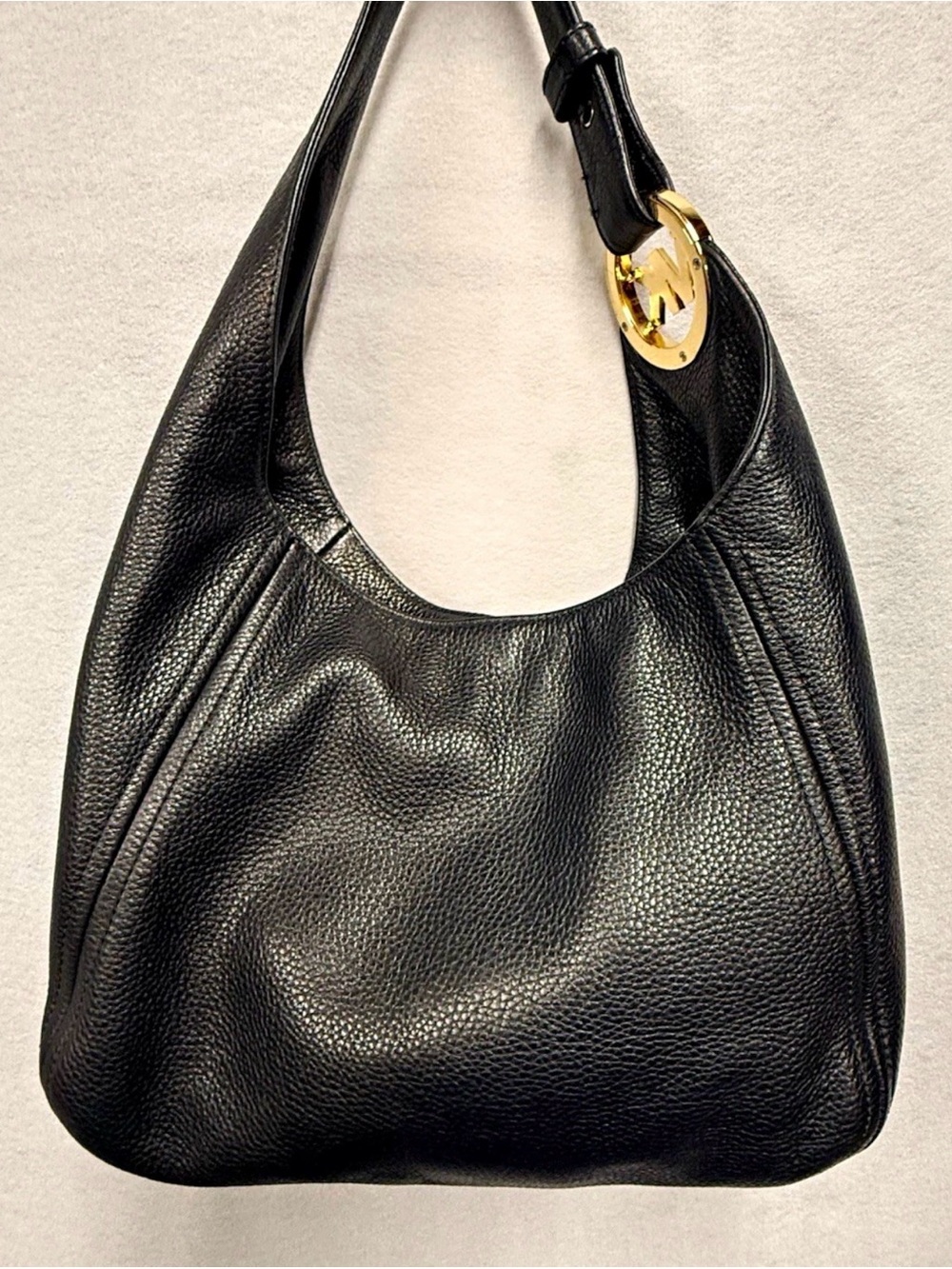 Michael Kors Black Pebbled Leather Hobo with Gold MK Accent